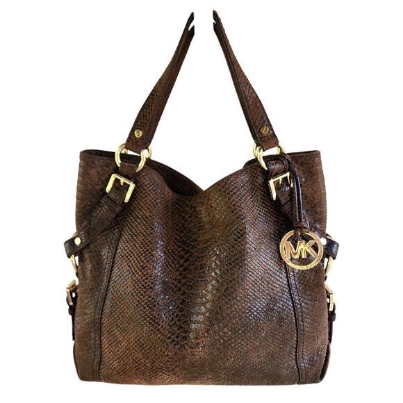 Michael Kors Brown Snake Embossed Leather Hobo Bag Slouchy Boho Designer Purse - Picture 1 of 13